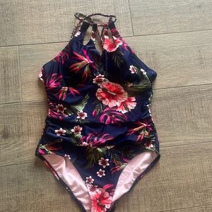 Kona Sol floral Tropical high neck cut out swimsuit size large